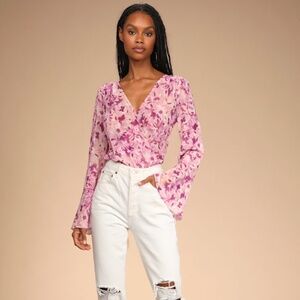 Lulus Let It Grow Purple Floral Print Long Sleeve Bodysuit - Size L